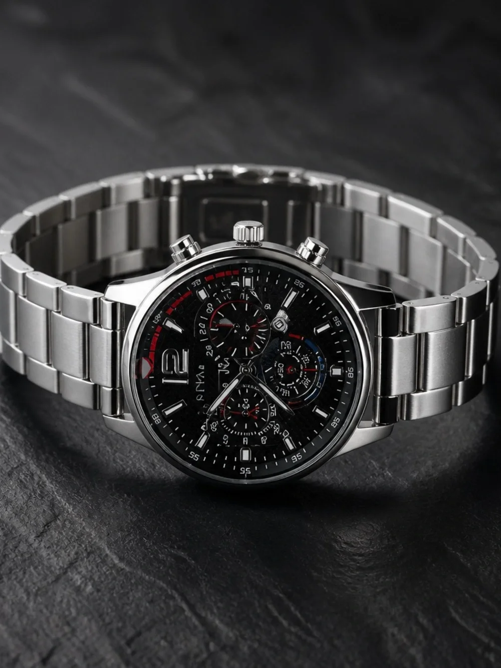 Men’s Geneva Black Dial Stainless Steel Watch with Red Accents 3 time zones